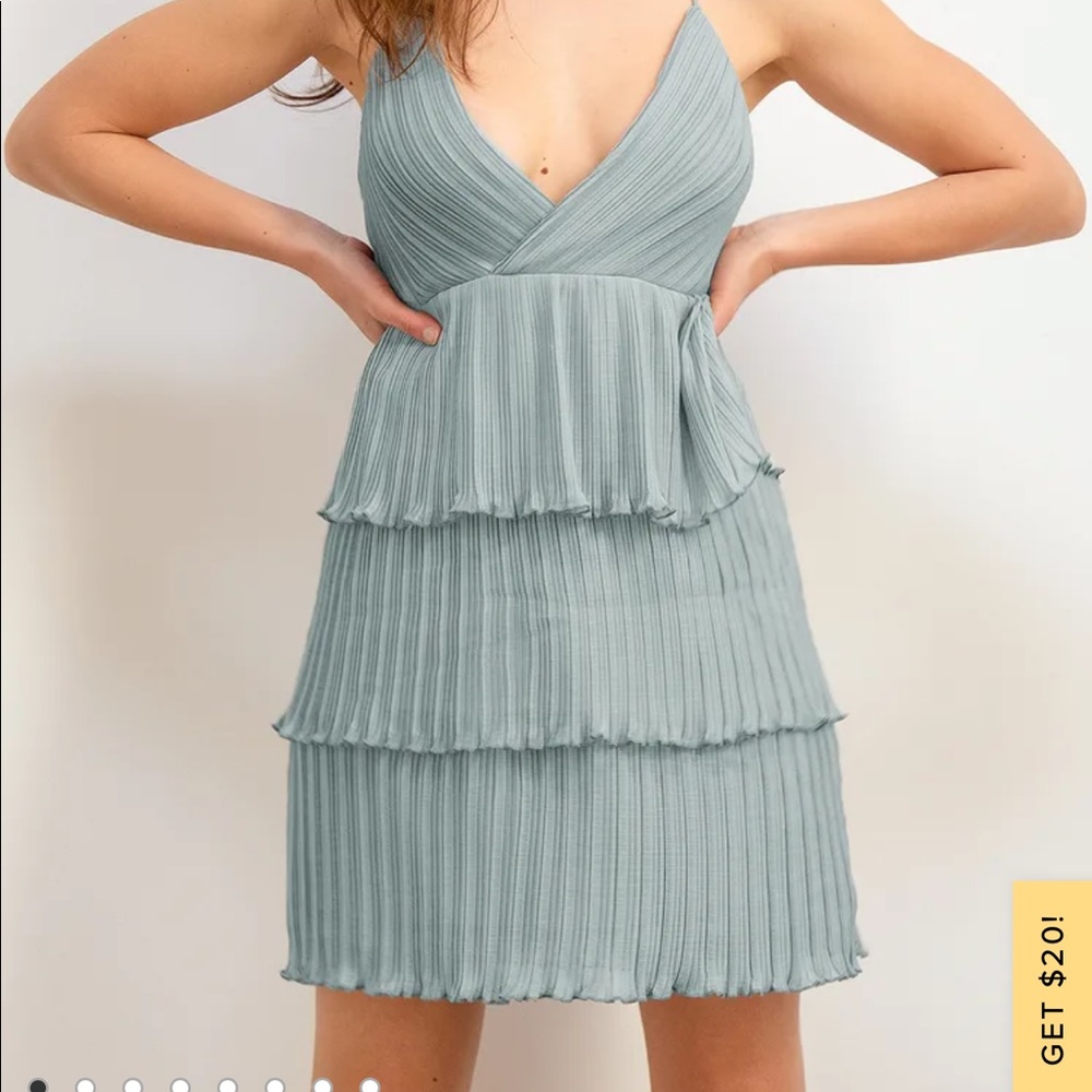 Lulus “Cheers and Tiers Dusty Blue Pleated Surplice Tiered Mini Dress” // size S